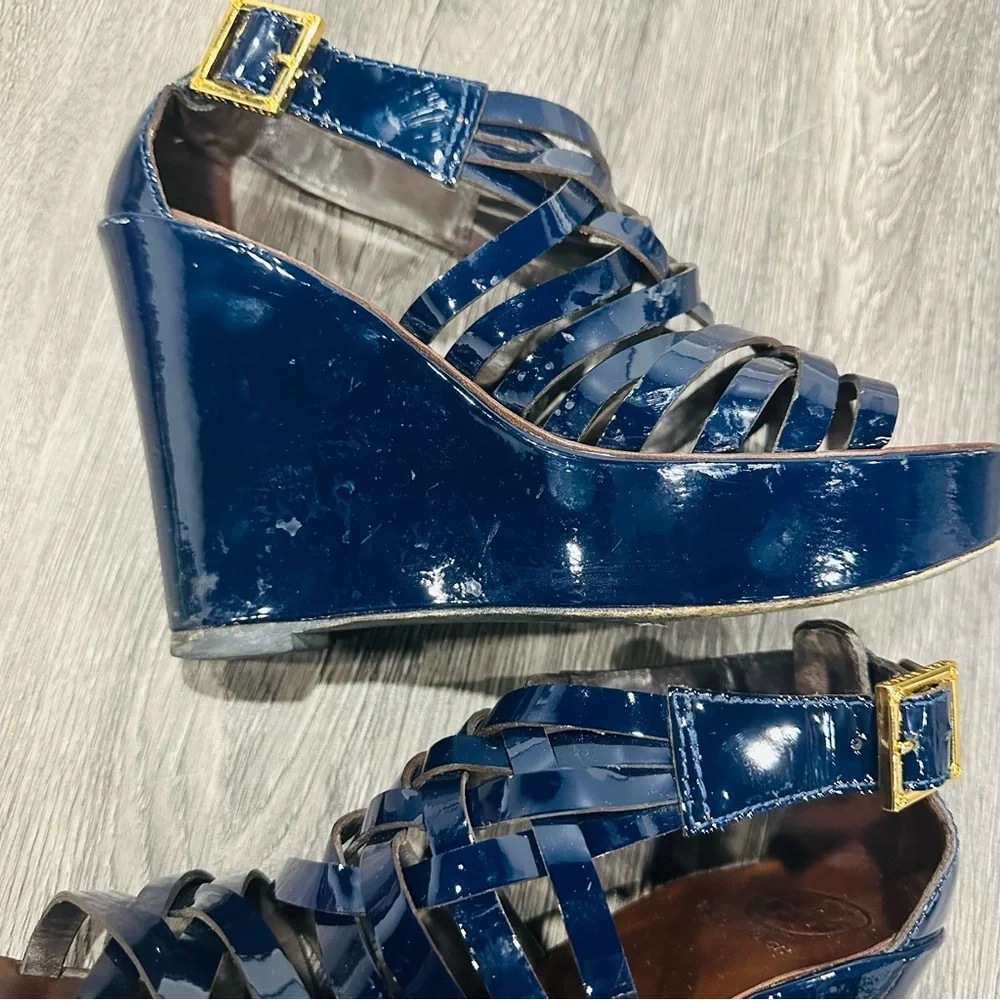 Tory Burch Blue and Brown Wedge Sandals with Stylish Straps